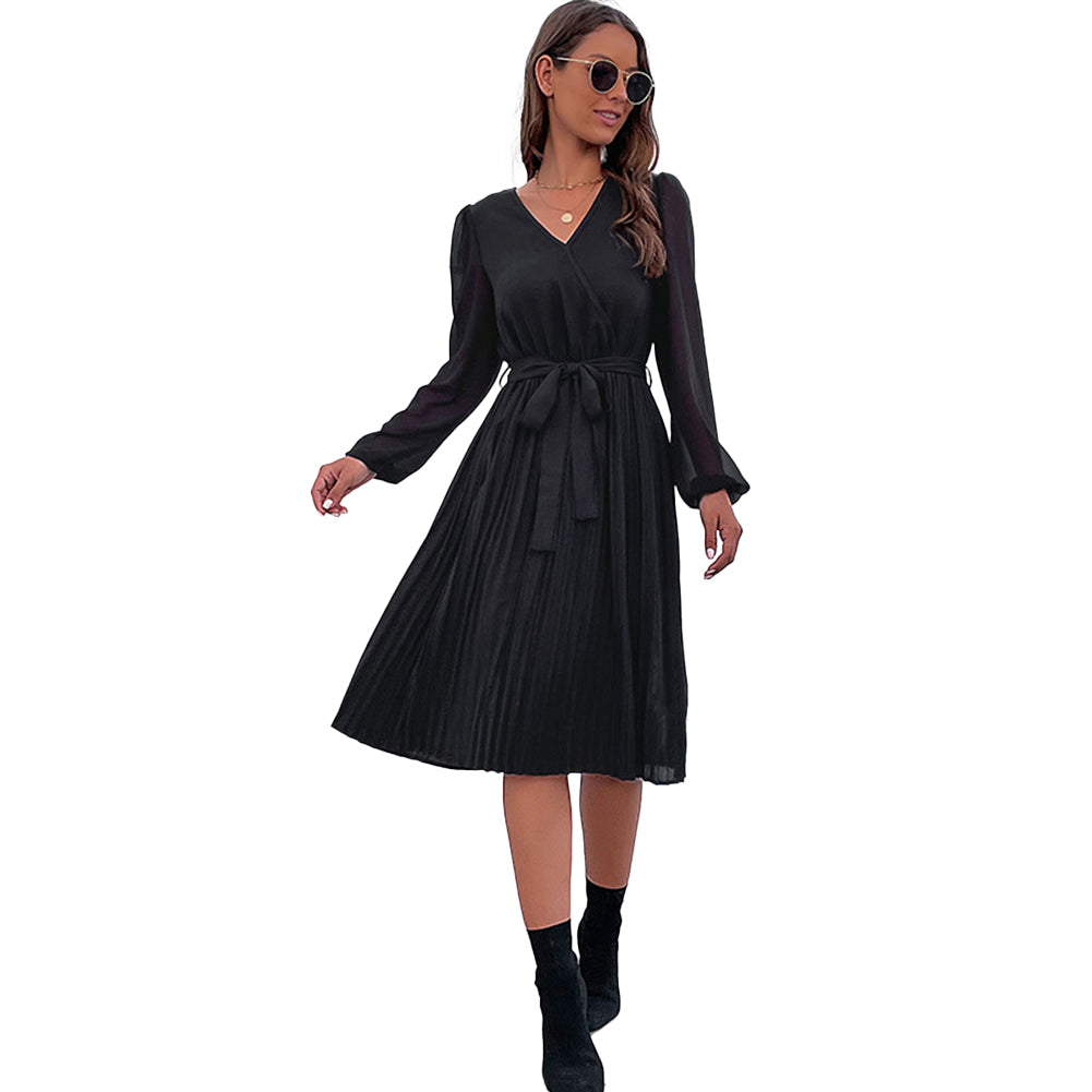 YESFASHION New Black Long Sleeve Pleated Inner Dress PBY-108T