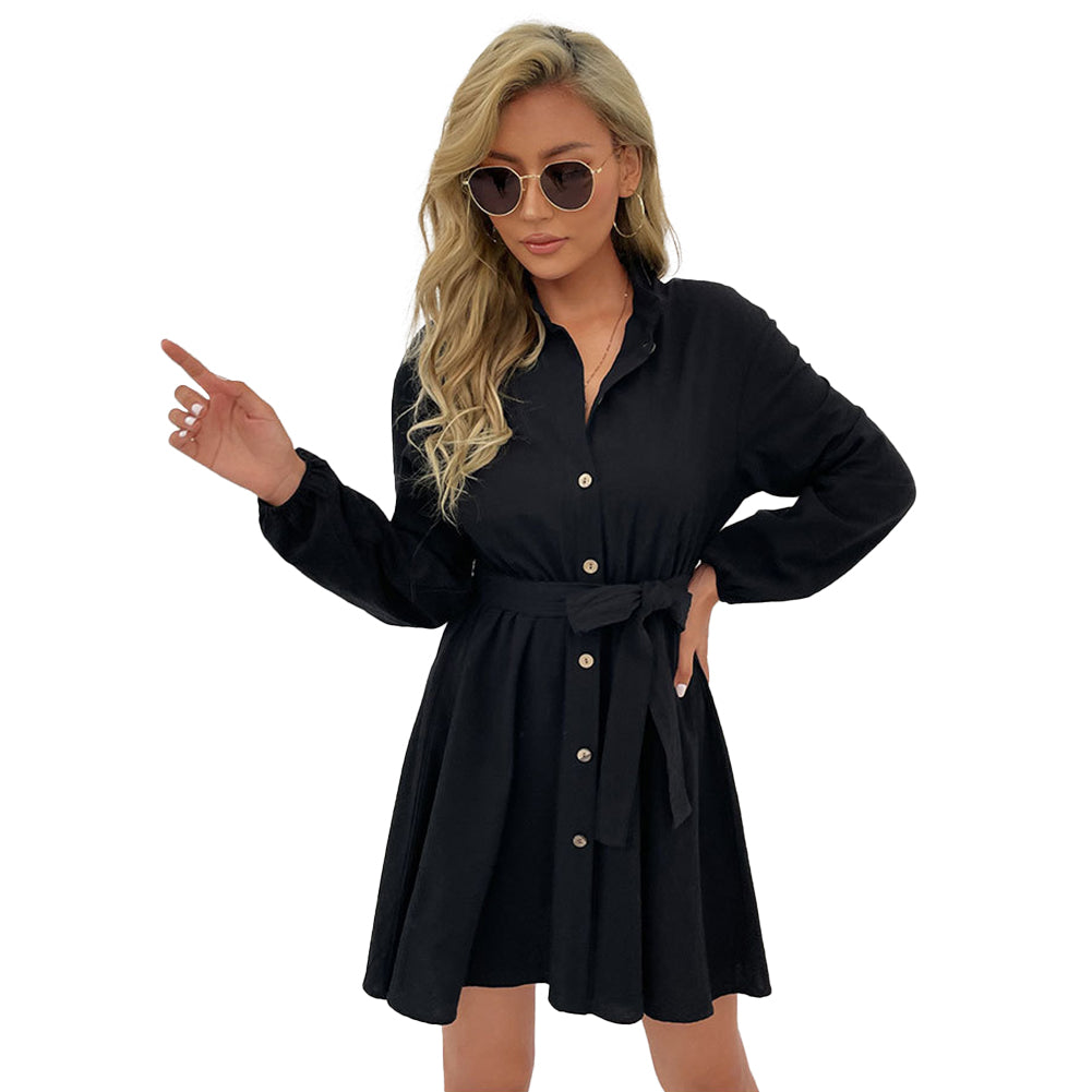 YESFASHION Fashion Women Lapel Collar Shirt Type Long Sleeve Dress