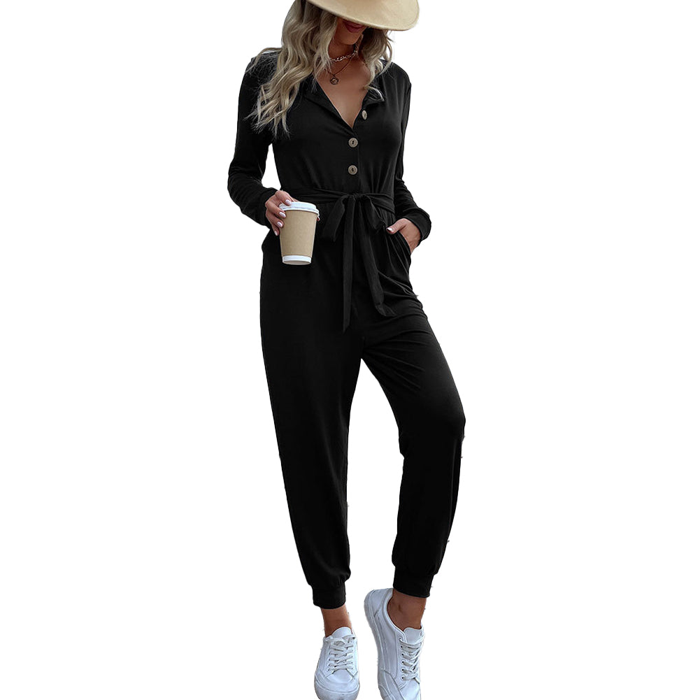 YESFASHION Casual Thin Long-sleeved Black Jumpsuit Pants