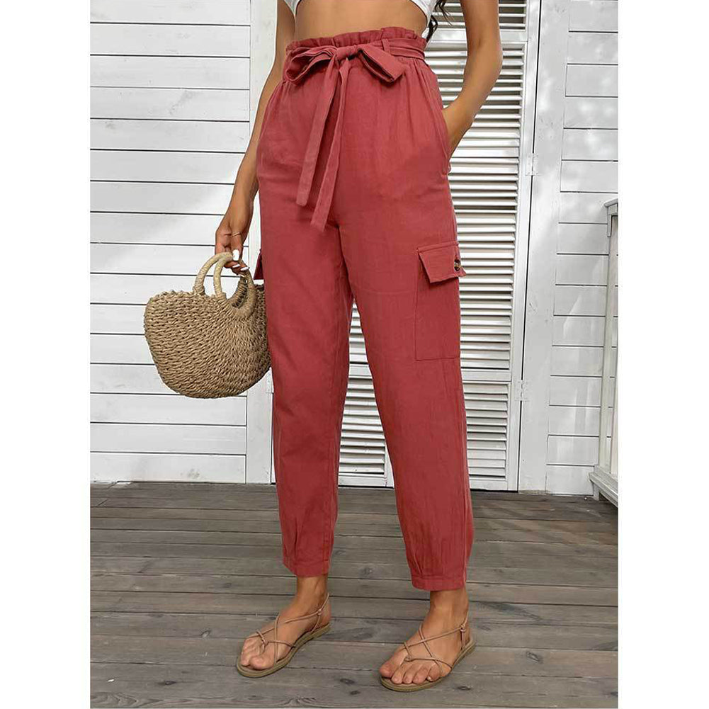 YESFASHION High Waist Casual Pants Red Skinny Cropped Pants