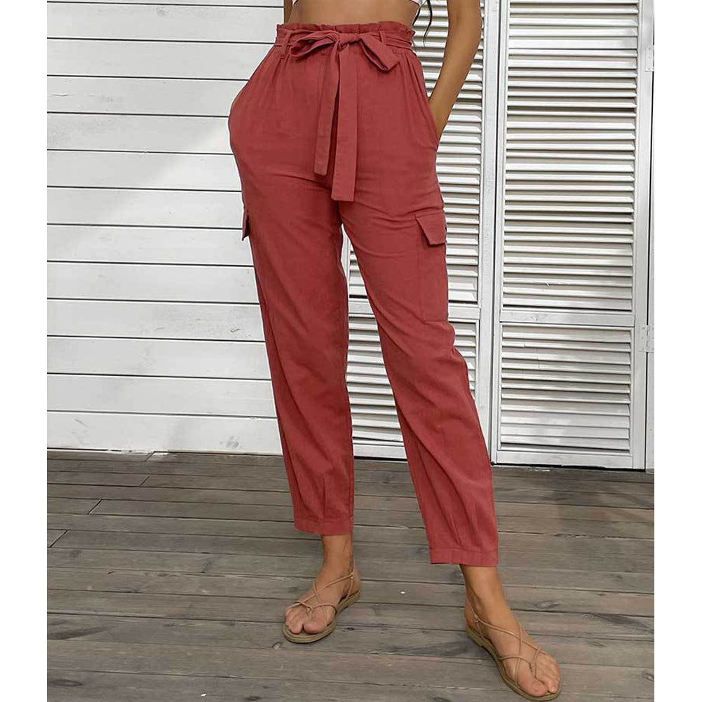 YESFASHION High Waist Casual Pants Red Skinny Cropped Pants