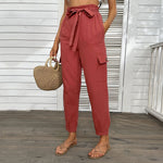 YESFASHION High Waist Casual Pants Red Skinny Cropped Pants