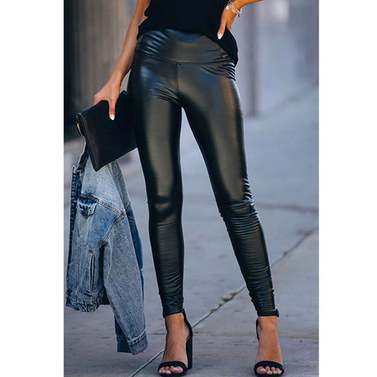 YESFASHION Women New Solid Color High Waist Leather Pants