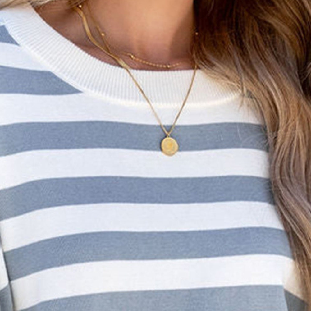 YESFASHION Winter Cotton Puff Sleeves Round Neck Striped Tops