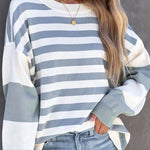 YESFASHION Winter Cotton Puff Sleeves Round Neck Striped Tops