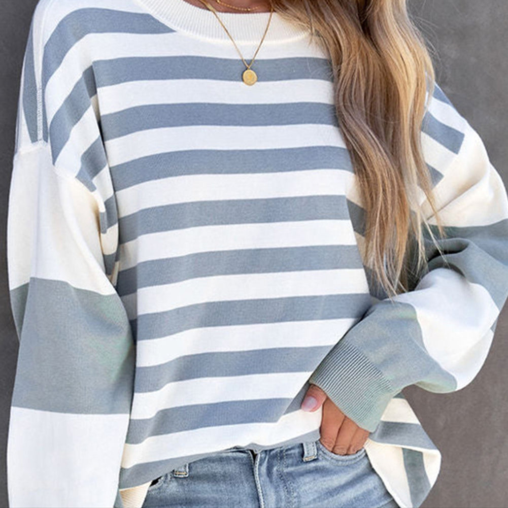 YESFASHION Winter Cotton Puff Sleeves Round Neck Striped Tops