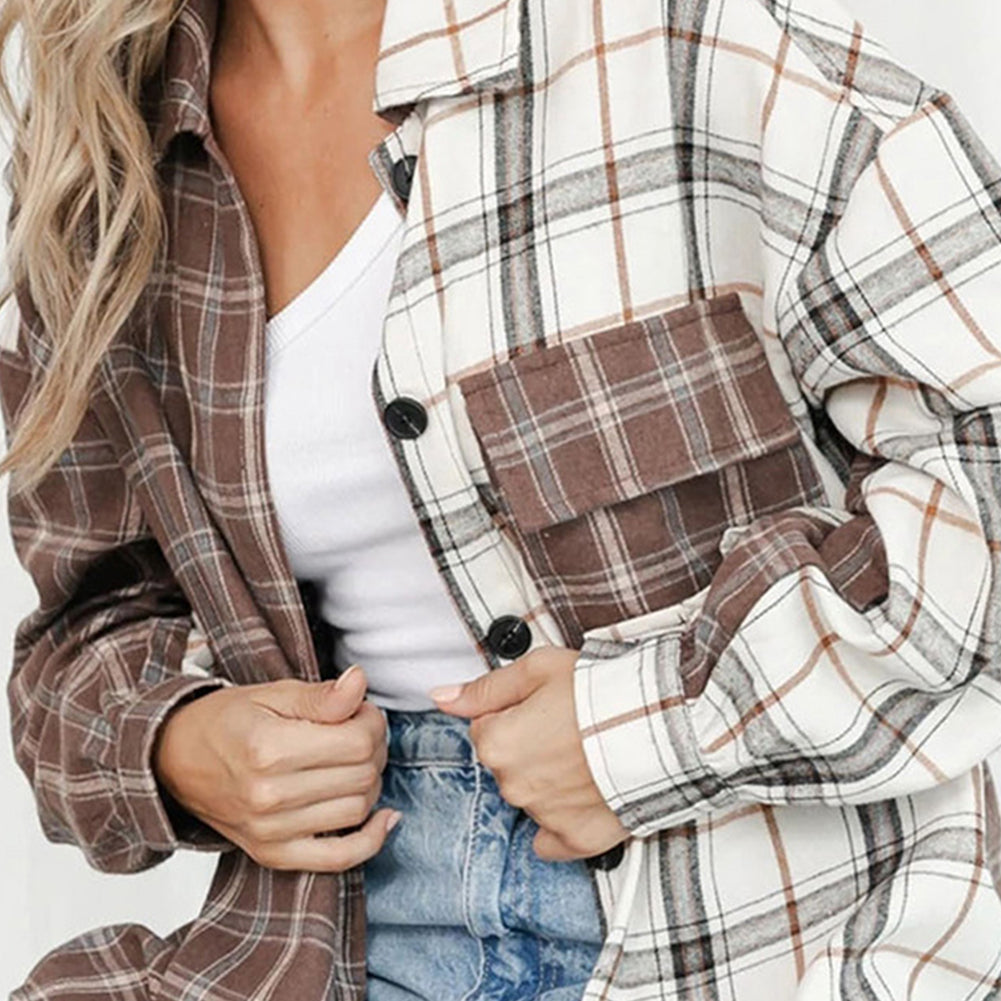 YESFASHION Plaid Shirt Female Color Contrast Print Lapel Cardigan Jacket