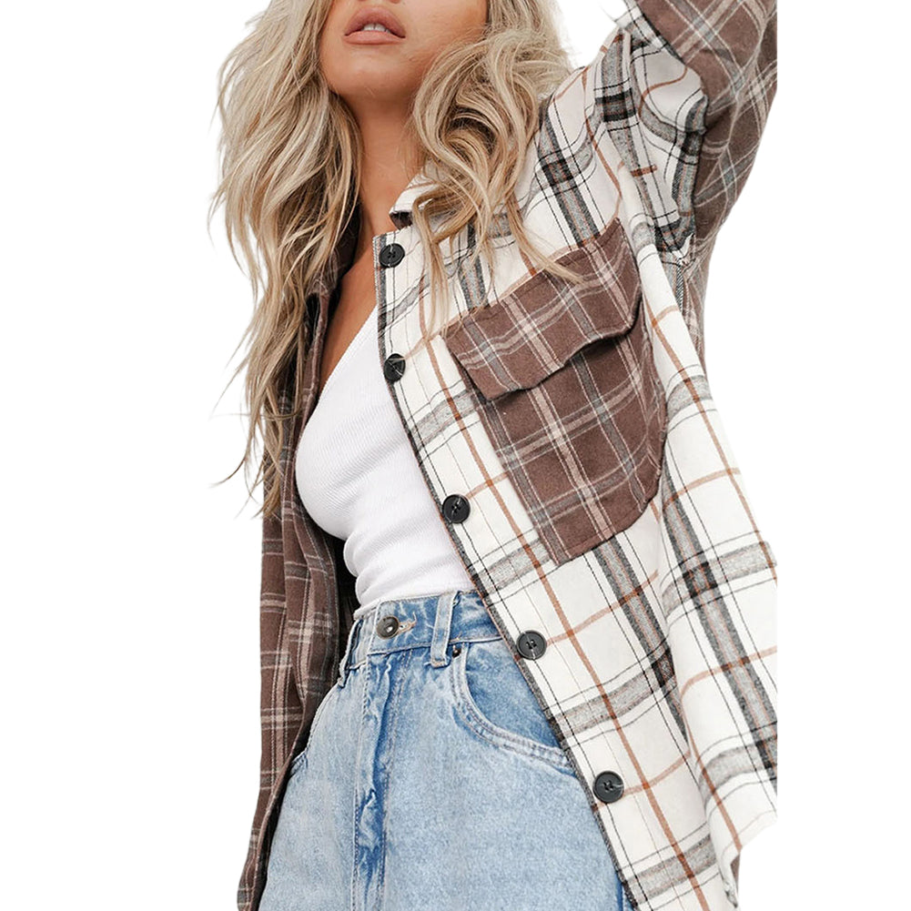 YESFASHION Plaid Shirt Female Color Contrast Print Lapel Cardigan Jacket