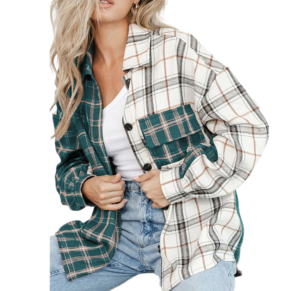 YESFASHION Plaid Shirt Female Color Contrast Print Lapel Cardigan Jacket