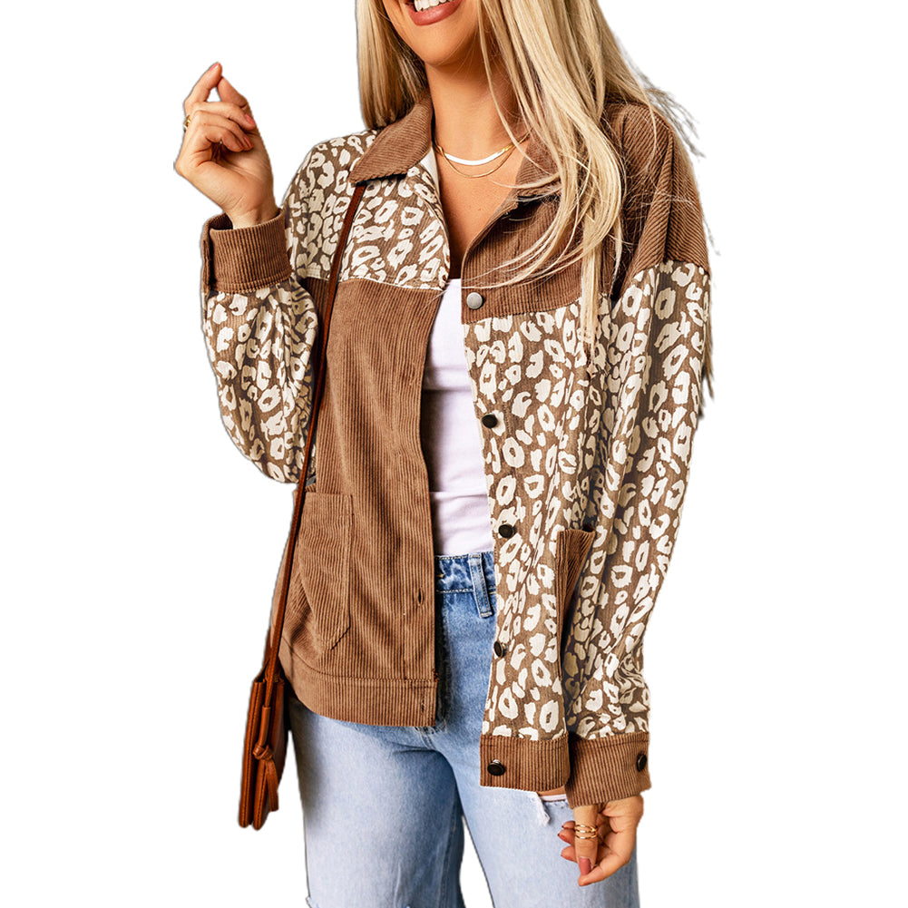 YESFASHION Women Leopard Print Stitching Lapel Corduroy Short Coats