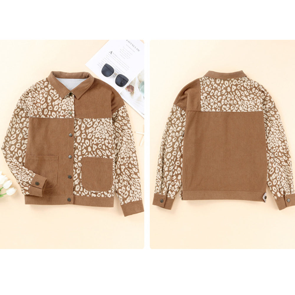 YESFASHION Women Leopard Print Stitching Lapel Corduroy Short Coats