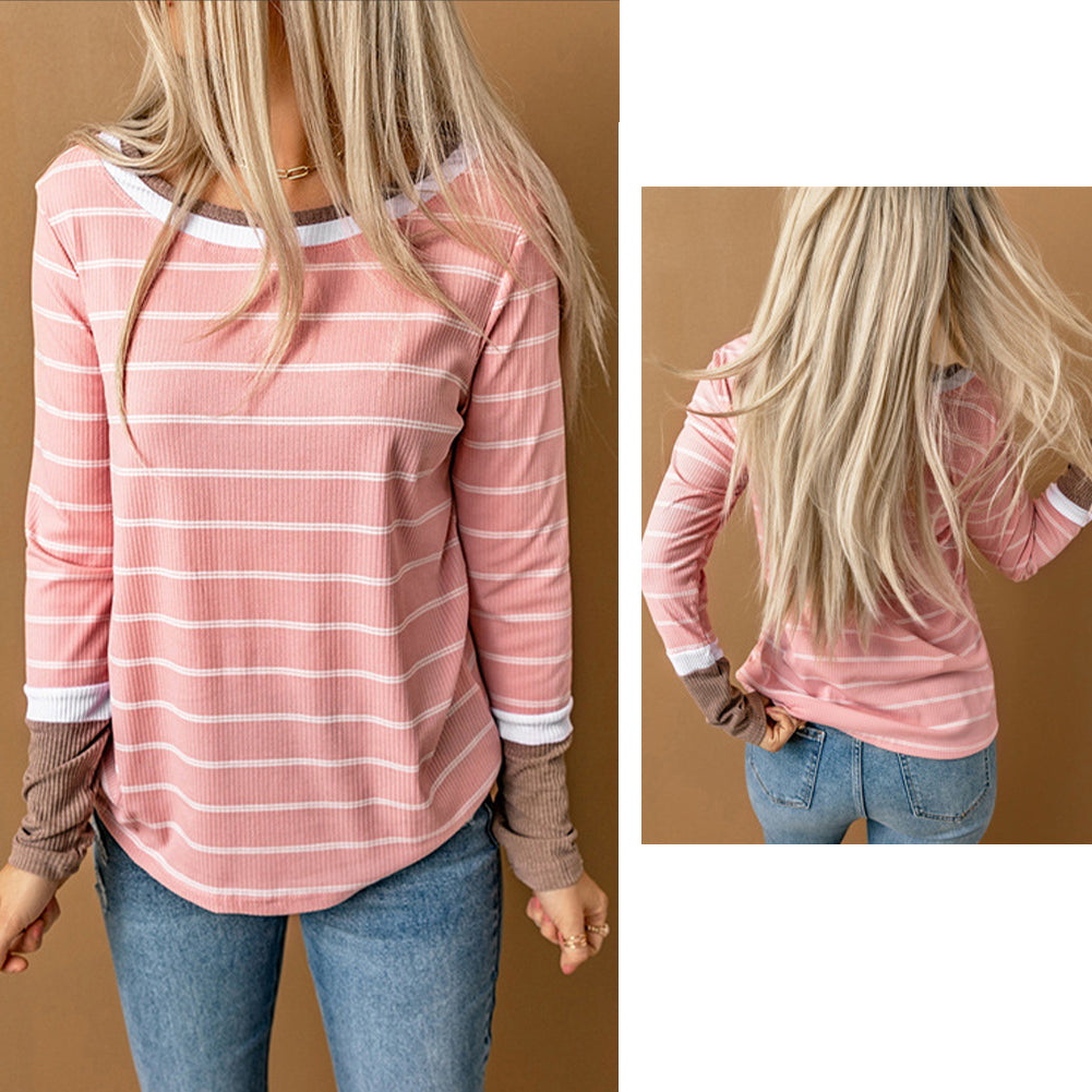 YESFASHION Striped Round Neck Bottoming Shirt Women Tops