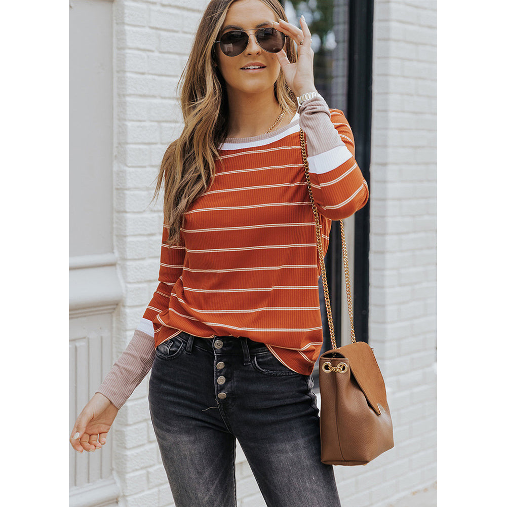 YESFASHION Striped Round Neck Bottoming Shirt Women Tops