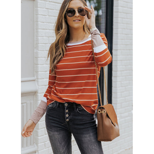YESFASHION Striped Round Neck Bottoming Shirt Women Tops