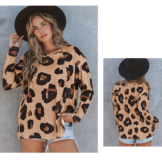 YESFASHION Leopard Print Tops Long Sleeve Pullover T-shirt