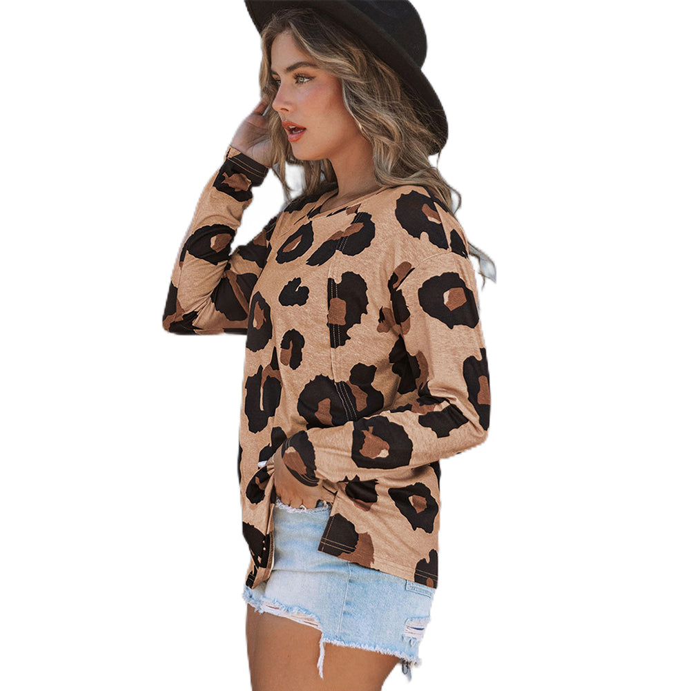 YESFASHION Leopard Print Tops Long Sleeve Pullover T-shirt