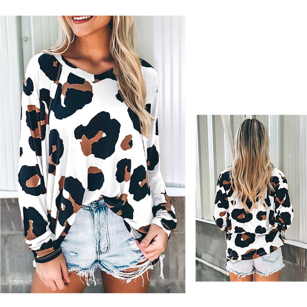 YESFASHION Leopard Print Tops Long Sleeve Pullover T-shirt