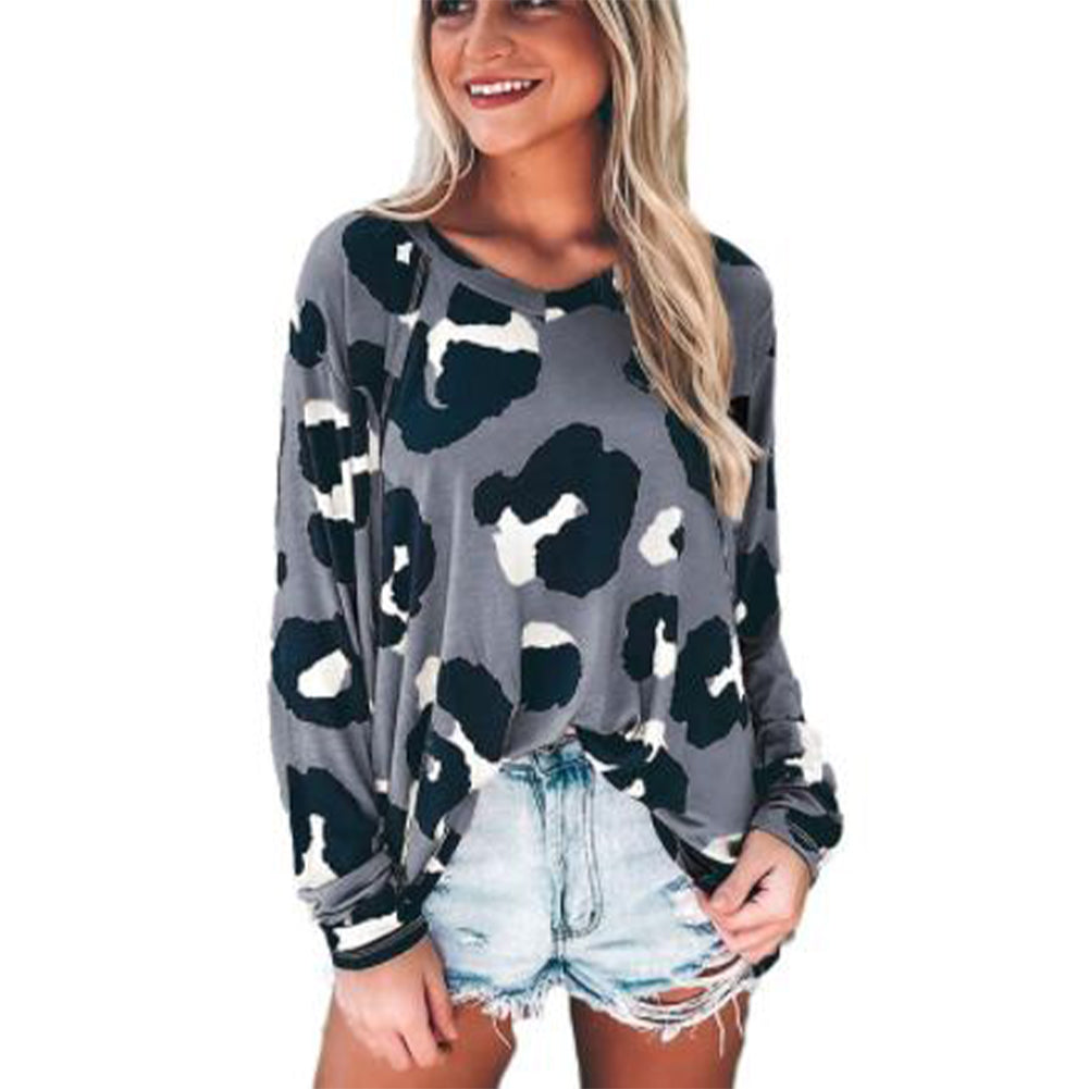 YESFASHION Leopard Print Tops Long Sleeve Pullover T-shirt