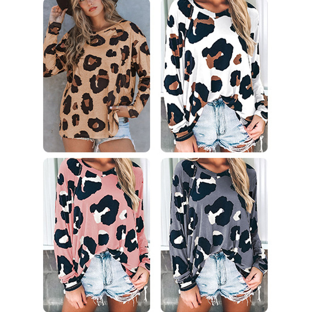 YESFASHION Leopard Print Tops Long Sleeve Pullover T-shirt