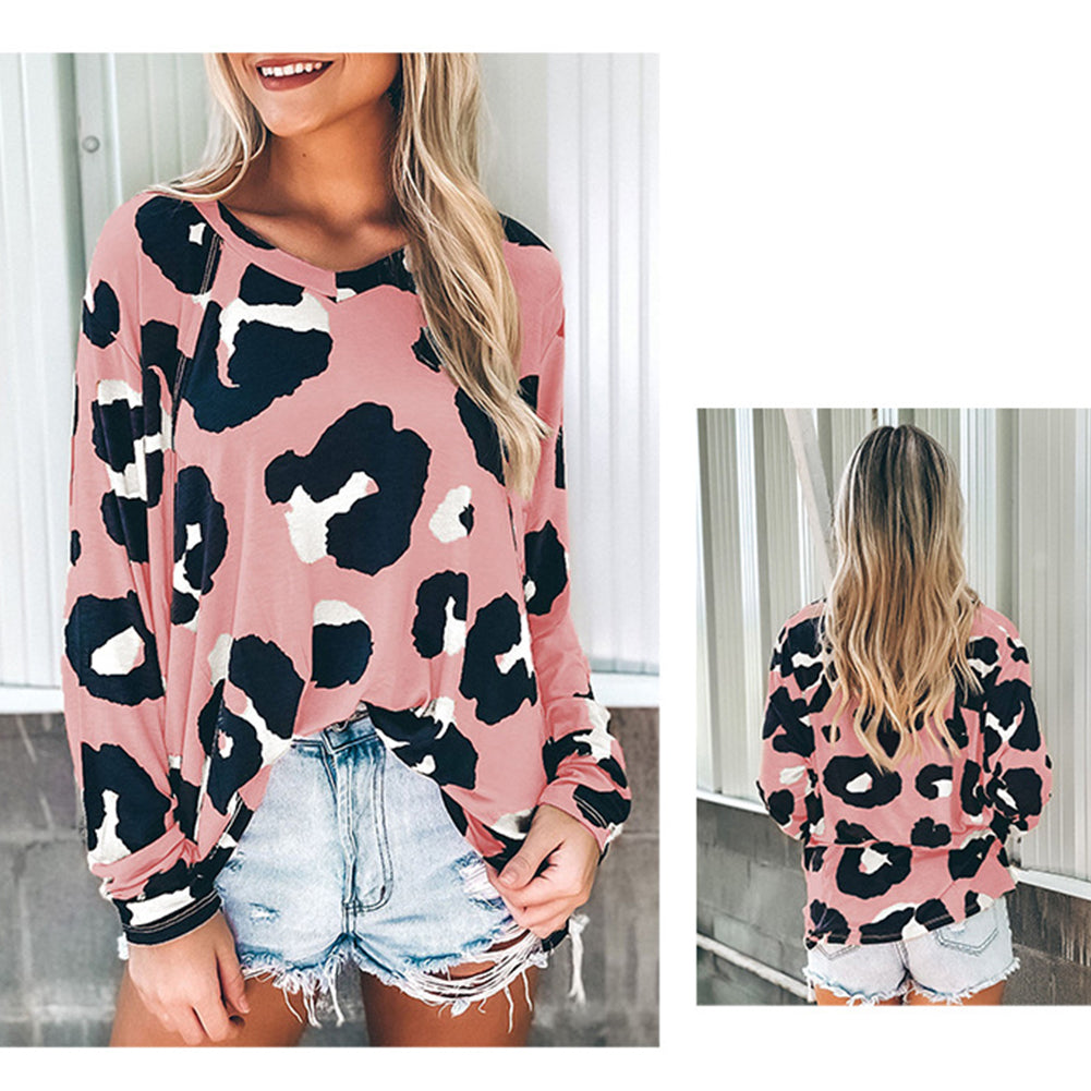 YESFASHION Leopard Print Tops Long Sleeve Pullover T-shirt