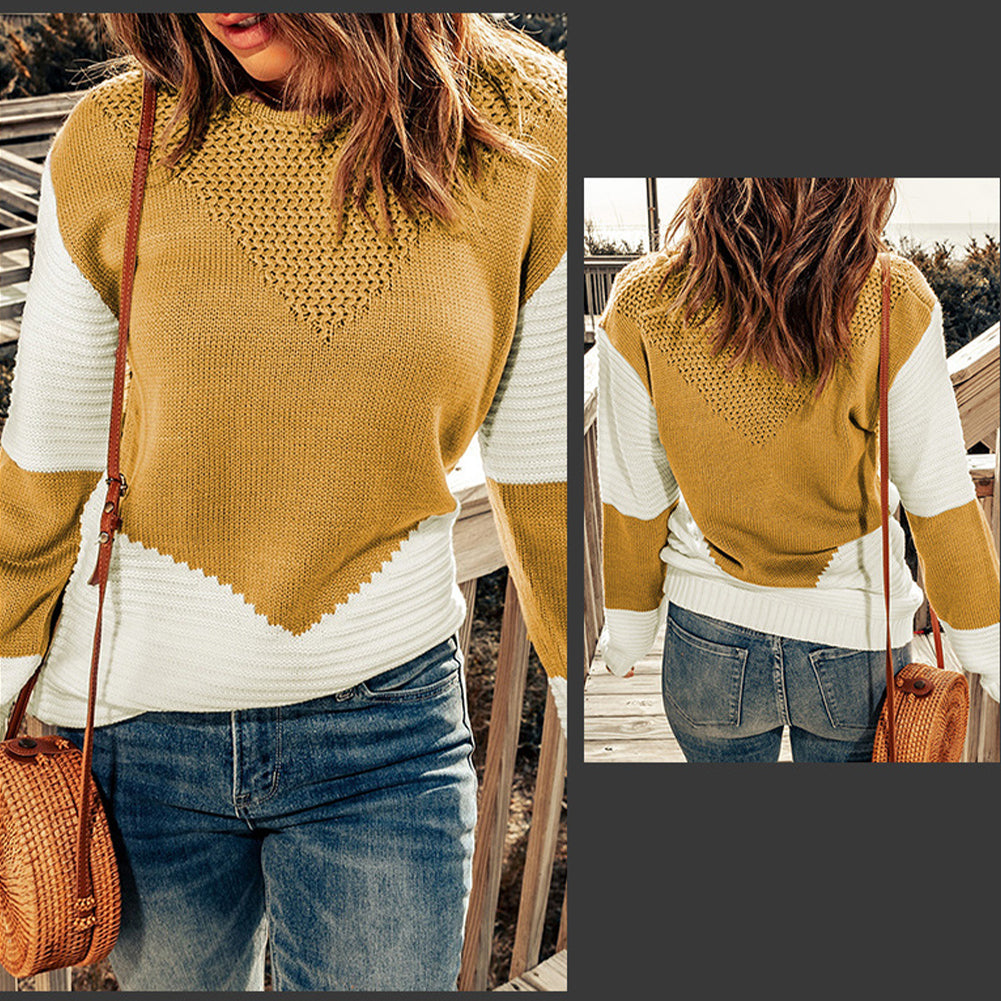 YESFASHION Color Contrast Pullover Sweaters Neck Long Sleeves