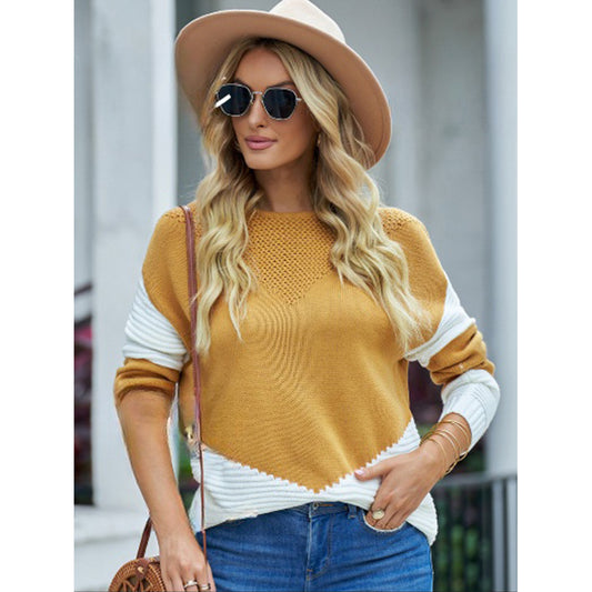 YESFASHION Color Contrast Pullover Sweaters Neck Long Sleeves