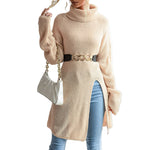 YESFASHION Women Solid Color Slit Long Sleeve Turtleneck Sweater Dress