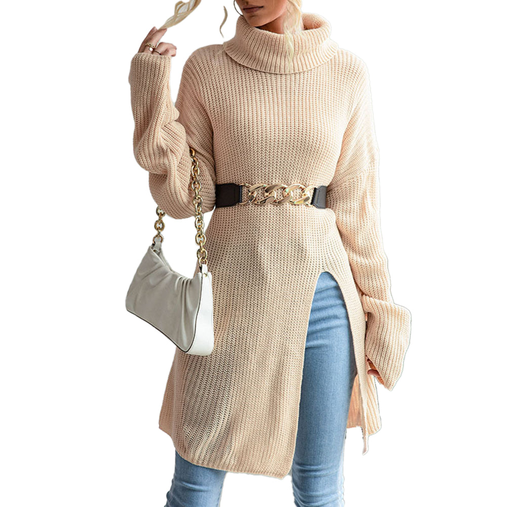 YESFASHION Women Solid Color Slit Long Sleeve Turtleneck Sweater Dress