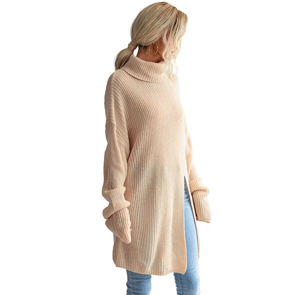 YESFASHION Women Solid Color Slit Long Sleeve Turtleneck Sweater Dress