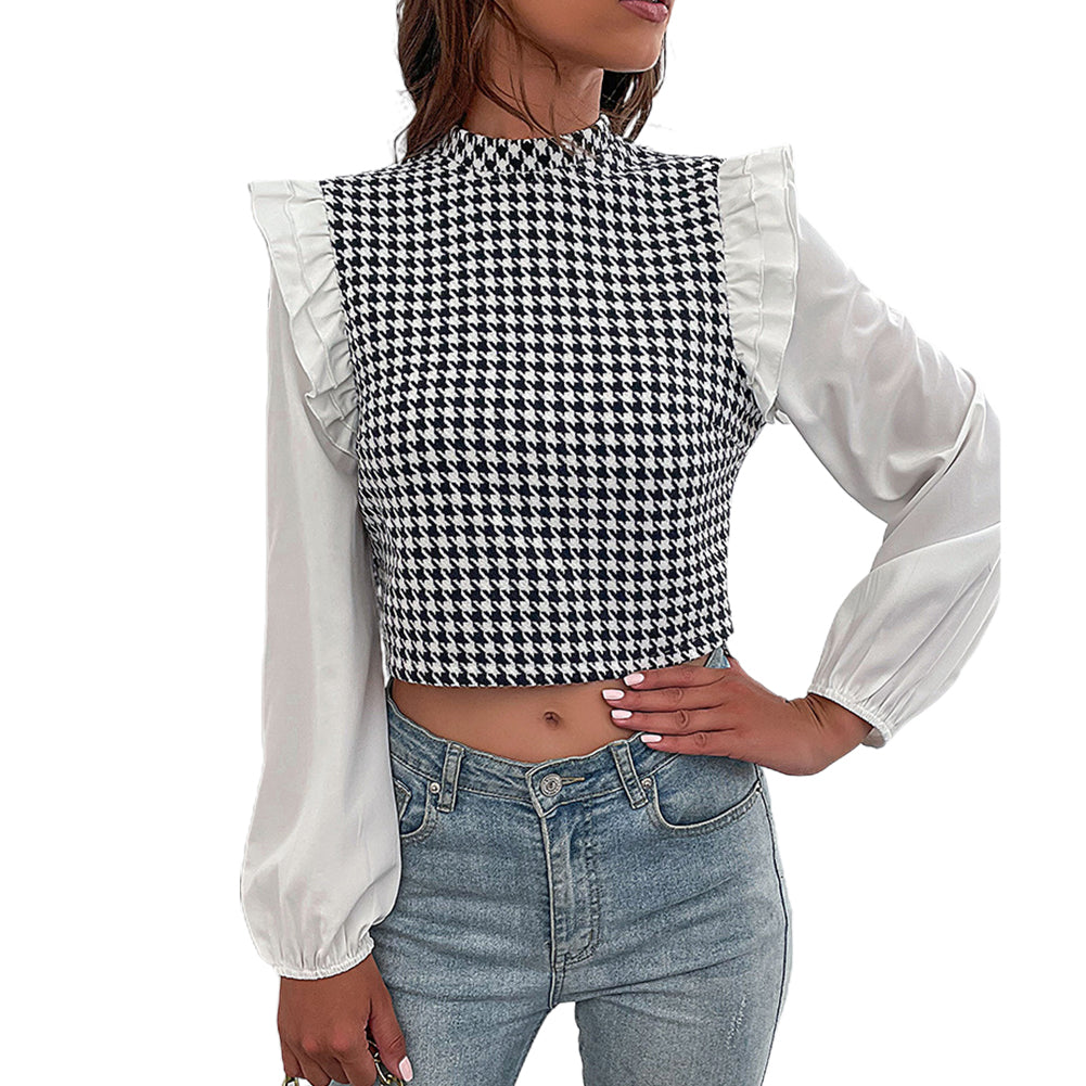 YESFASHION Half Turtleneck Long Sleeve Houndstooth Shirt Tops