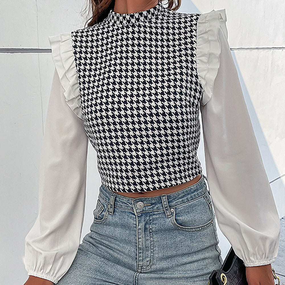 YESFASHION Half Turtleneck Long Sleeve Houndstooth Shirt Tops
