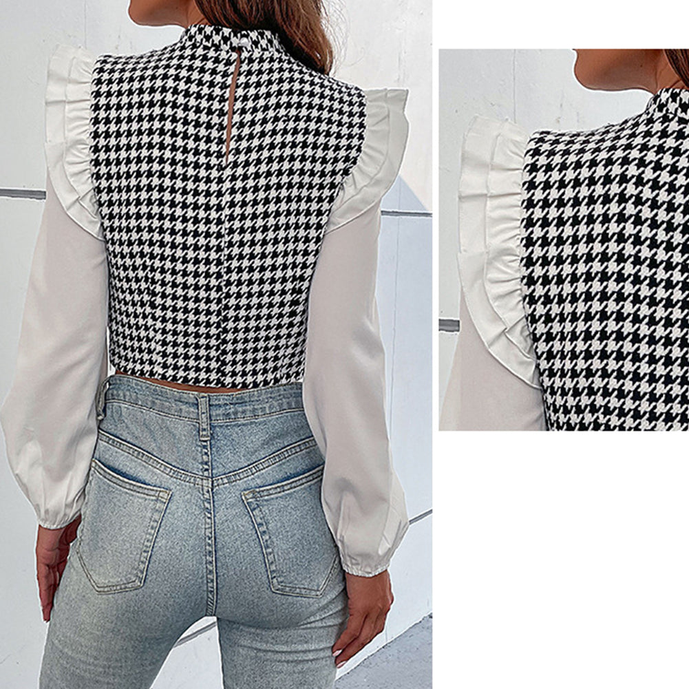 YESFASHION Half Turtleneck Long Sleeve Houndstooth Shirt Tops