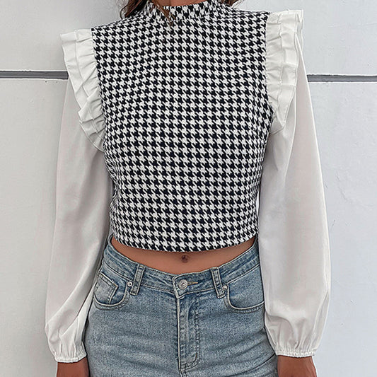 YESFASHION Half Turtleneck Long Sleeve Houndstooth Shirt Tops