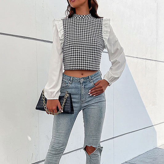 YESFASHION Half Turtleneck Long Sleeve Houndstooth Shirt Tops