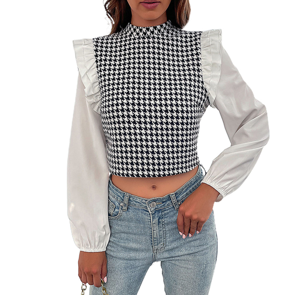YESFASHION Half Turtleneck Long Sleeve Houndstooth Shirt Tops