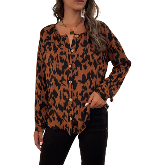 YESFASHION Round Neck Long Sleeve Leopard Print Shirt Tops