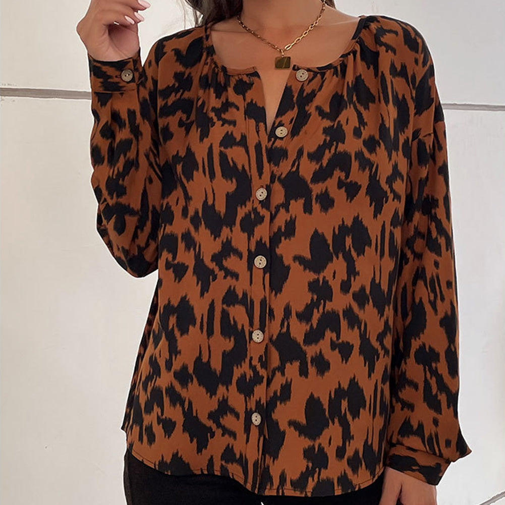 YESFASHION Round Neck Long Sleeve Leopard Print Shirt Tops
