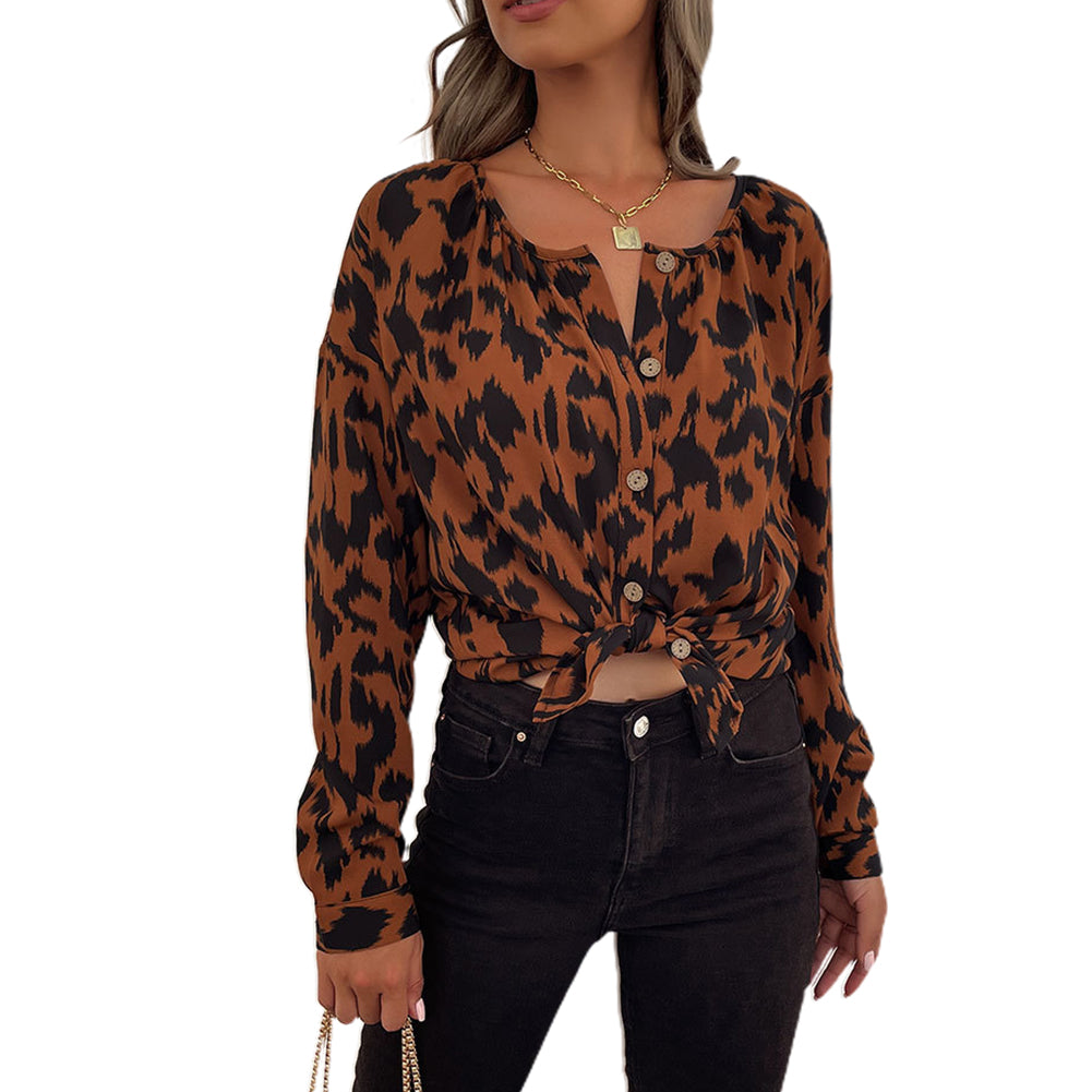 YESFASHION Round Neck Long Sleeve Leopard Print Shirt Tops