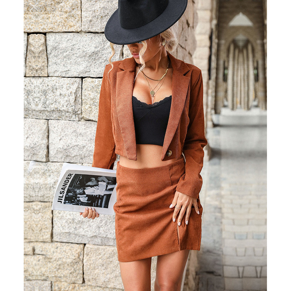 YESFASHION New Autumn And Winter Solid Color Two-piece Skirt Suit