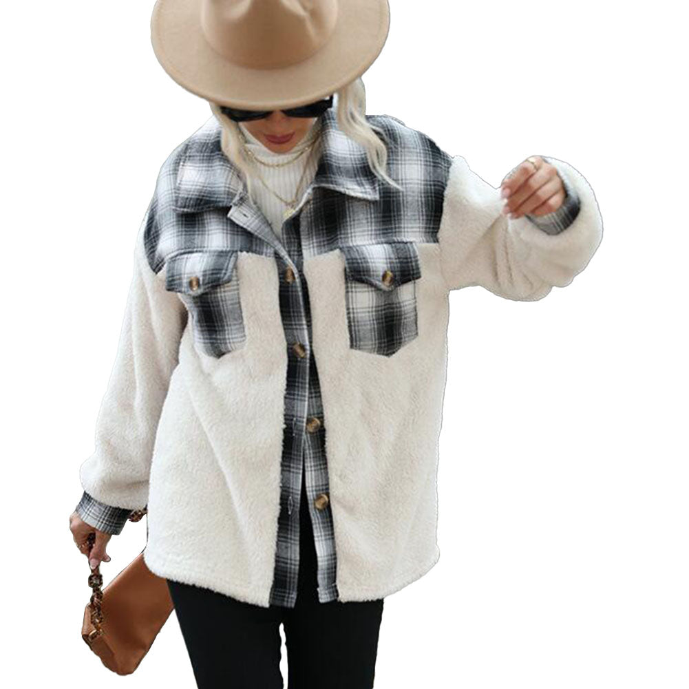 YESFASHION Women Double-faced Fleece Plaid Stitching Coats PBY-10D2