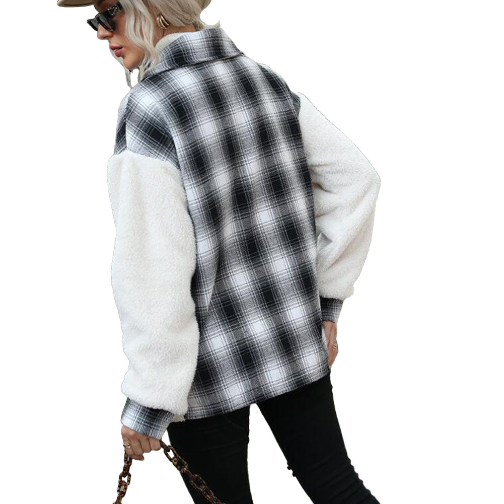 YESFASHION Women Double-faced Fleece Plaid Stitching Coats PBY-10D2