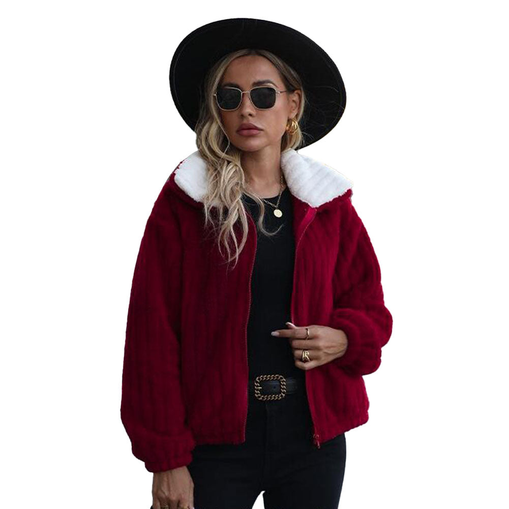 YESFASHION Women Lapel Coats Loose Zipper Double-faced Fleece Jacket