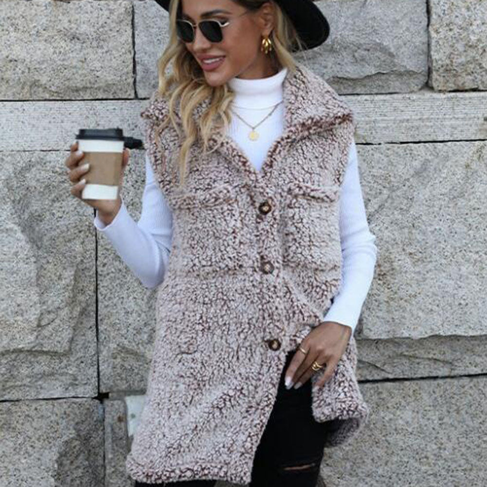 YESFASHION Women Lapel Sleeveless Long Loose Casual Cardigan Vest