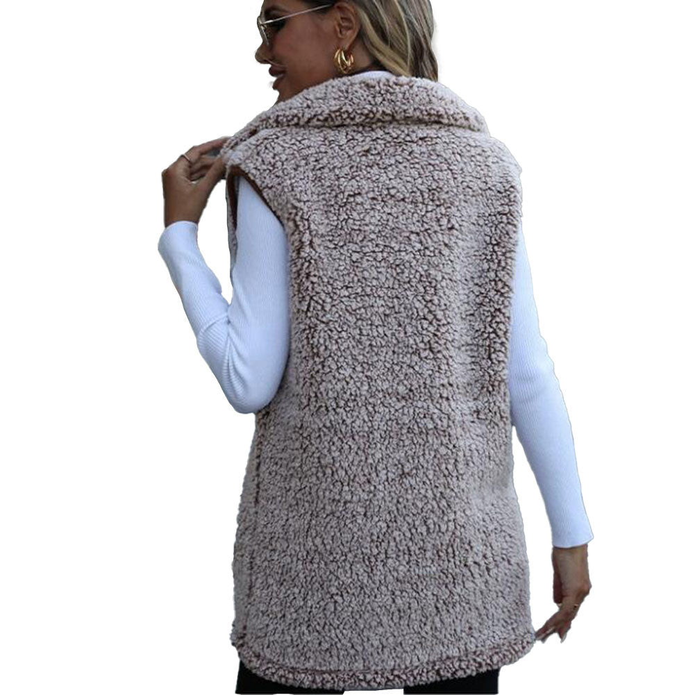 YESFASHION Women Lapel Sleeveless Long Loose Casual Cardigan Vest