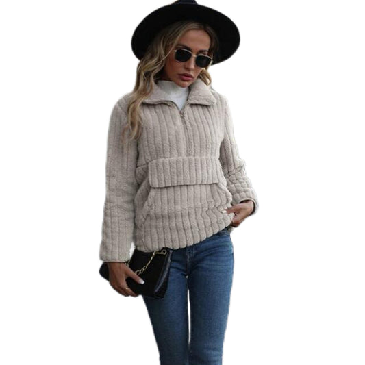 YESFASHION Women Lapel Collar Pullover Half Zipper Casual Sweaters