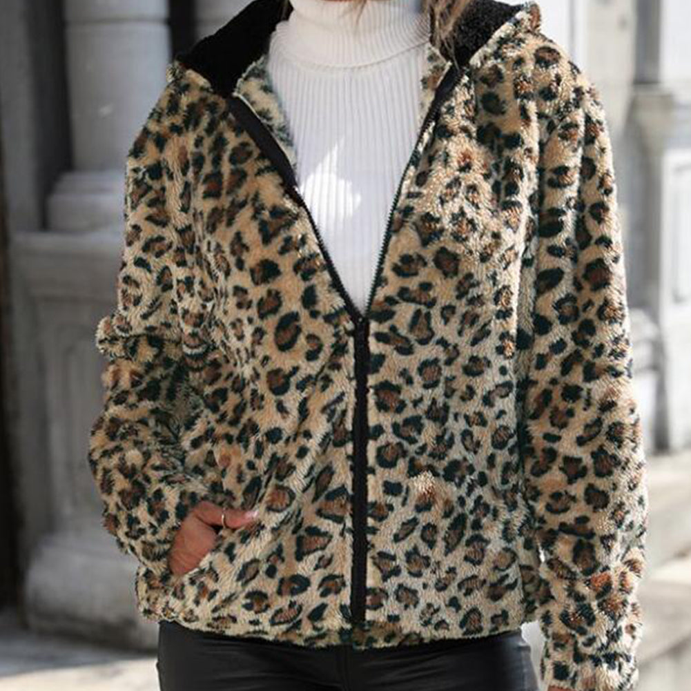 YESFASHION Women Hooded Leopard-print Coats Loose Casual Jacket