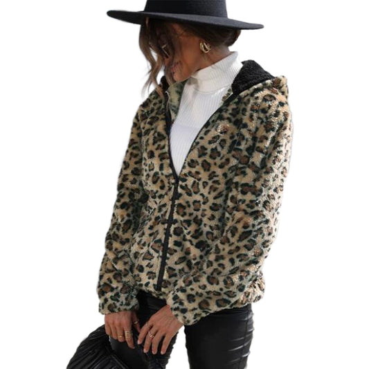 YESFASHION Women Hooded Leopard-print Coats Loose Casual Jacket