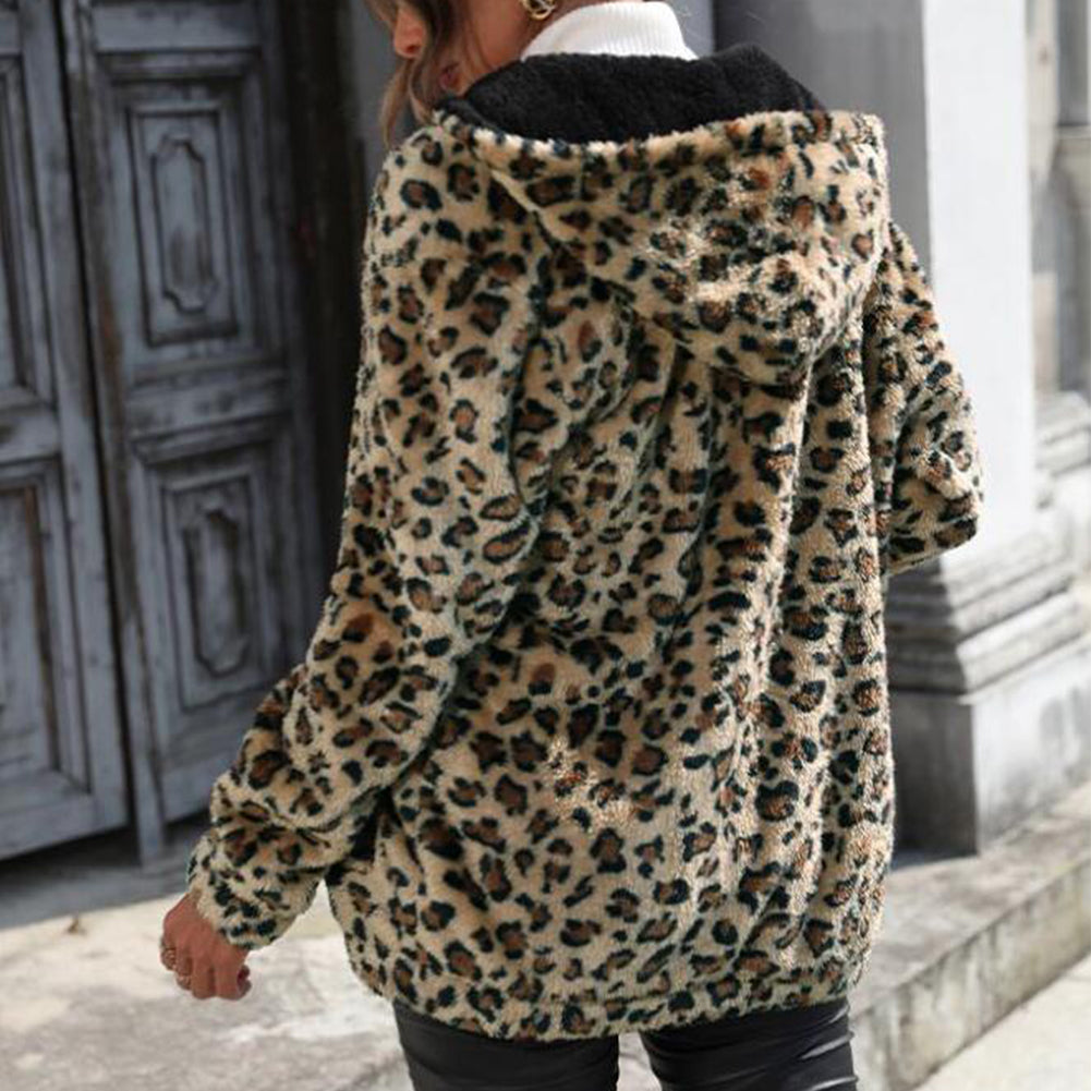 YESFASHION Women Hooded Leopard-print Coats Loose Casual Jacket