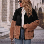 YESFASHION Women Lapel Coats Color Block Zipper Thickened Jacket