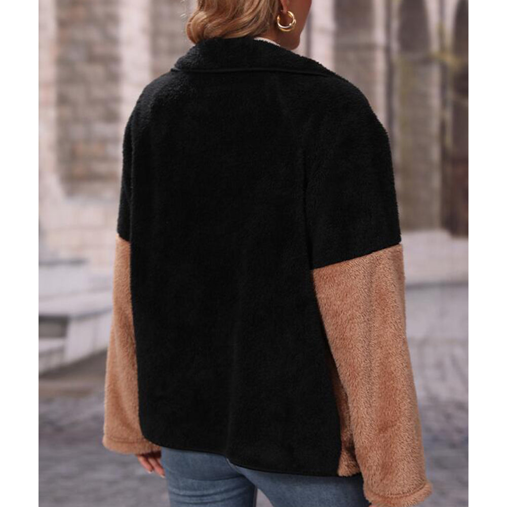 YESFASHION Women Lapel Coats Color Block Zipper Thickened Jacket